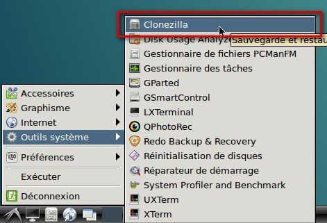 Clonezilla dans le menu