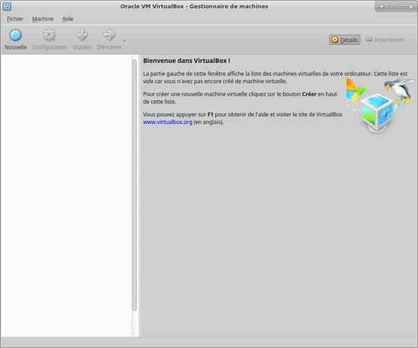 Ecran de VirtualBox au premier démarrage
