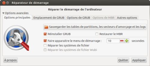 Boot repair, options avancées