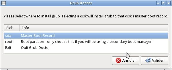 Sélection du disque dans Grub-doctor